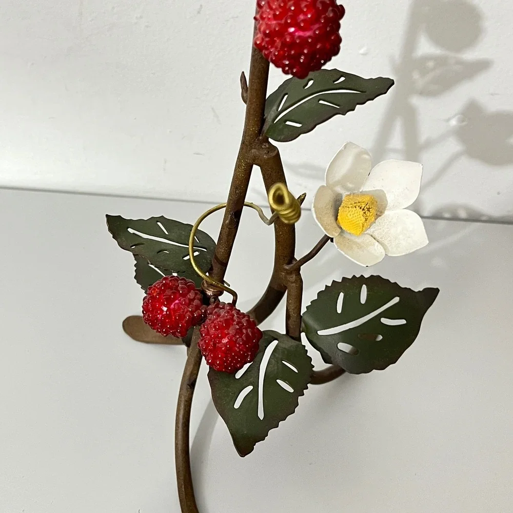 Vintage Raspberry Vine Taper Candle Holder  Bronze Red Botanical Cottagecore